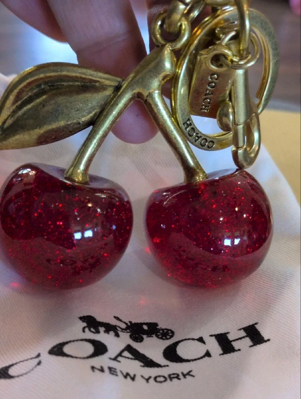 Coach Gold-Tone Keychain with Pink Glitter Cherry Charms